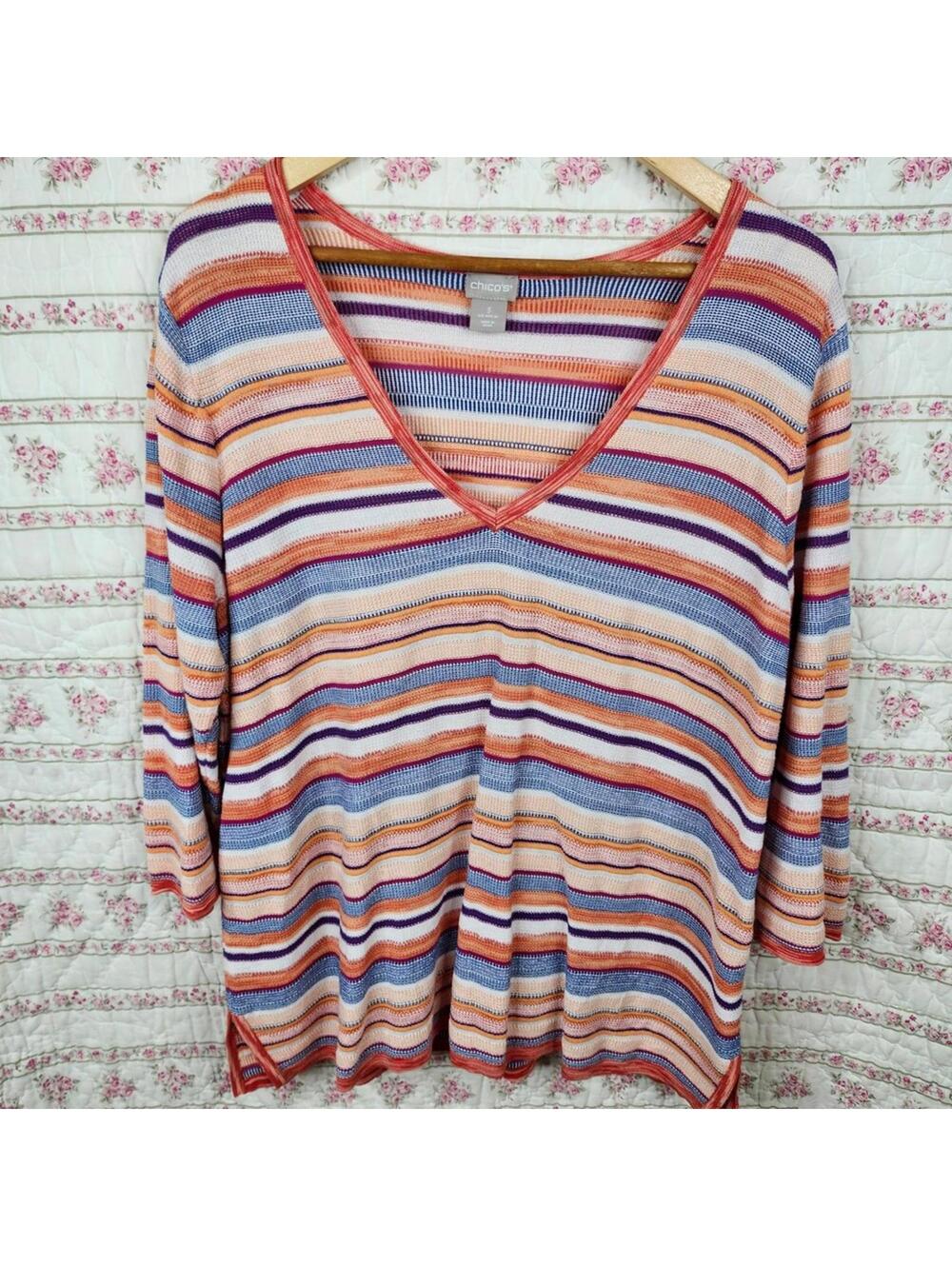 Chicos XL Striped V Neck 3/4 Sleeve Knit Top Orange Blue Purple White
